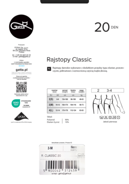 Białe opakowanie rajstop Gatta Classic 20 DEN z informacjami o produkcie, tabelą rozmiarów i kodem kreskowym.