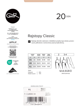 Białe opakowanie rajstop Gatta Classic 20 DEN z czarnym logo, tabelą rozmiarów i ilustracją nóg, widok z przodu.