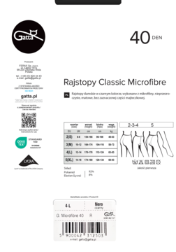 Gatta Rajstopy Classic Microfibre 40 DEN, czarne, w białym opakowaniu z tabelą rozmiarów i kodem, widok z przodu.