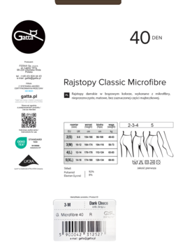 Opakowanie rajstop Gatta Classic Microfibre 40 DEN w kolorze Dark Choco, z tabelą rozmiarów, na białym tle.
