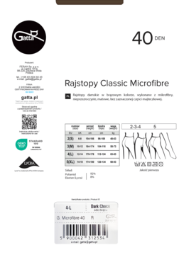 Opakowanie rajstop Gatta Classic Microfibre 40 DEN, Dark Choco, rozmiar 4-L, z logo i tabelą rozmiarów.