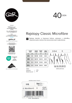 Przód opakowania rajstop Gatta Classic Microfibre 40 DEN Dark Grey, z tabelą rozmiarów i kodem QR.