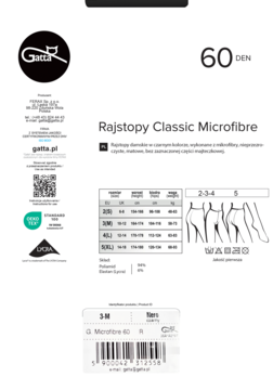 Karta produktu Gatta Rajstopy Classic Microfibre 60 DEN na białym tle, z tabelą rozmiarów i logotypem.