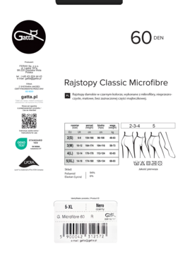Opakowanie rajstop Gatta Classic Microfibre 60 DEN, czarnych, z tabelą rozmiarów i kodem kreskowym, na białym tle.