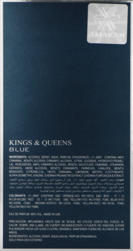 Tył opakowania Amaran Kings & Queens Blue, ciemnoniebieskie pudełko z białymi napisami i listą składników.