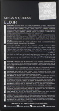 Tył czarnego opakowania Amaran Kings & Queens Elixir perfum, z tekstem w kilku językach i logo producenta.