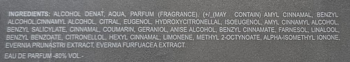 Ekstrakt perfum Le Falconé Muharib Hero, zbliżenie na listę składników na opakowaniu.