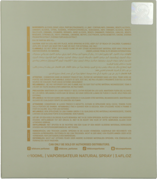 Tył beżowego opakowania Le Falcone Symphony Harmony EDP 100ml, widoczna długa lista składników, pojemność i hologram.