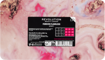 Tył Revolution Forever Flawless Affinity Palette, 18 cieni do powiek na różowo-złotym marmurkowym tle, widok z góry.