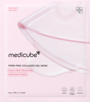 Medicube PDRN Pink Collagen Gel Mask, różowa hydrożelowa maska w saszetce, widok z przodu z efektem żelu.