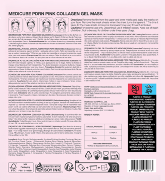 Tył różowego opakowania Medicube Porn Pink Collagen Gel Mask z instrukcją użycia i szczegółowym składem.