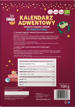 Tył ciemnoczerwonego kalendarza adwentowego Super Fudgio. Wegańskie czekoladki kokosowe bez cukru, widoczne wartości odżywcze. 100g.