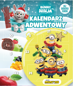 Świąteczny kalendarz adwentowy Bunny Ninja Minions, 24-okienkowy, z owocowymi przekąskami bez dodatku cukru, widok z przodu.
