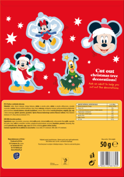 Tył opakowania kalendarza adwentowego Disney Mickey & Friends z czekoladkami, 4 ozdoby do wycięcia.