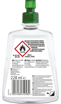 Tył butelki płynu do dezynfekcji rąk z zieloną pompką, widoczne ostrzeżenie o łatwopalności i pojemność 228 ml.