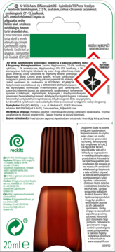Tył opakowania wkładu Air Wick odświeżacza powietrza 20ml, z bursztynową butelką, ostrzeżeniami i logo Reckitt.