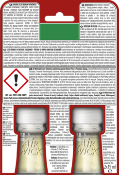 Air Wick: tył opakowania z dwoma butelkami odświeżacza powietrza, jasnożółty płyn, czerwone ostrzeżenia.