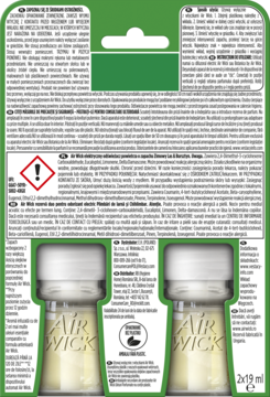 Tył zielonego opakowania Air Wick, 2 wkłady odświeżacza powietrza 2x19ml, białe butelki z żółtym płynem.