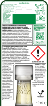 Tył opakowania zapachu Air Wick Bergamotka i Herbata, wkład 19 ml, widok z tyłu, żółty płyn.