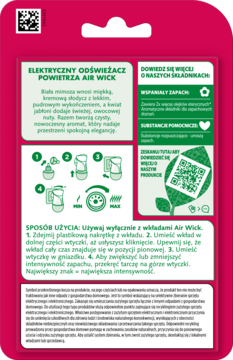 Tył różowego opakowania elektrycznego odświeżacza powietrza Air Wick, z polskimi instrukcjami i QR kodem.