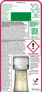 Tył różowego opakowania Air Wick 19 ml z polskimi instrukcjami, butelką zapachu do gniazdka i symbolem zagrożenia.