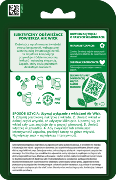 Tył zielono-białego opakowania elektrycznego odświeżacza powietrza Air Wick z instrukcją użycia i QR kodem.