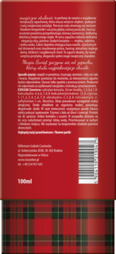 Tylna strona czerwonej butelki perfum do wnętrz 100ml z polskim opisem i tartanowym wzorem na dole.
