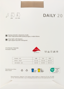 Tył białego opakowania rajstop DAILY 20 z elastanem, z opisem, tabelą rozmiarów i symbolami prania.