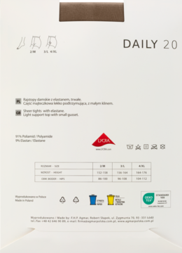 Białe opakowanie rajstop DAILY 20 damskich z elastanem, tył. Opis: część majteczkowa lekko podtrzymująca.
