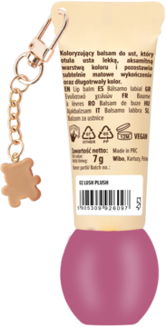 Tył koloryzującego balsamu do ust Wibo, LUSH PLUSH, z matowym wykończeniem i breloczkiem.