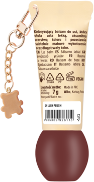 Tył brązowego balsamu do ust Wibo 04 LUSH PLUSH z etykietą, złotym breloczkiem i misiem.