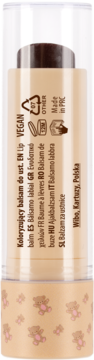Beżowy koloryzujący balsam do ust Wibo, tył opakowania z misiami, symbole wegan i recyklingu, Made in PRC.
