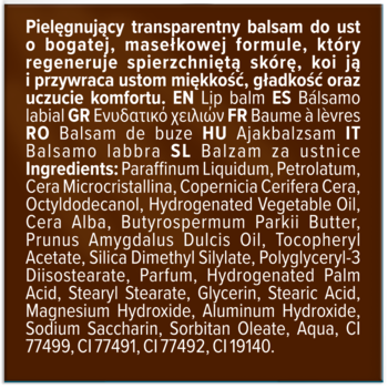 Tył opakowania balsamu do ust z listą składników, opisem w wielu językach na ciemnym tle.