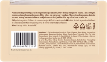Tył beżowego opakowania palety cieni do powiek z listą składników, kodem kreskowym i symbolami recyklingu.