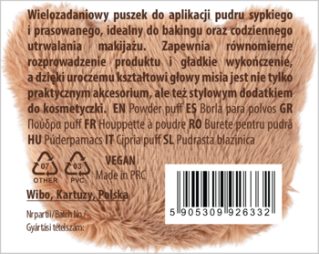 Tył opakowania wielozadaniowego puszka do aplikacji pudru sypkiego, z puszystym, jasnobrązowym futerkiem.