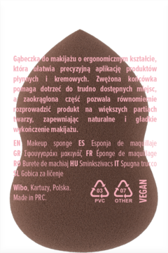 Brązowa, ergonomiczna gąbka do makijażu Wibo, widok z tyłu z opisem produktu i oznaczeniem VEGAN.