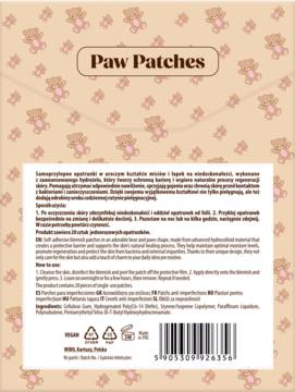 Tył opakowania Paw Patches, plastry na niedoskonałości w kształcie misia i łapek, brązowe tło z misiami.