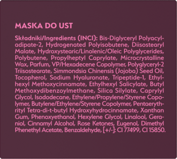 Tył opakowania maski do ust, zbliżenie na pełną listę składników (INCI) na ciemnym, fioletowym tle.