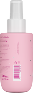 Tył różowej butelki wygładzającej mgiełki do włosów so!flow x Natalia, 150 ml, z białym atomizerem.