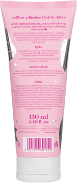 Różowa tubka żelu do stylizacji włosów so!flow x Besties Club, tył opakowania ze składem i pojemnością 130 ml.