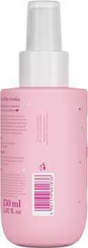 Tył różowej butelki mgiełki termoochronnej so!flow x Besties Club by Lenka 150ml, z białym atomizerem, kodem i tekstem.