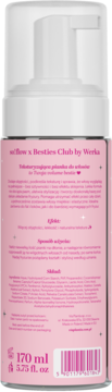 Tył różowej butelki pianki do włosów so!flow x Besties Club by Werka, 170 ml, z białym aplikatorem.
