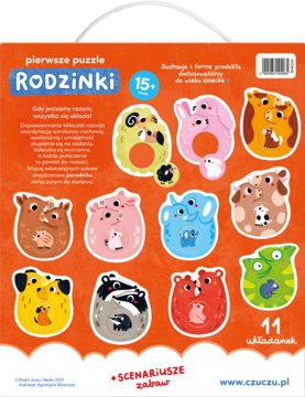Tył pudełka 'pierwsze puzzle RODZINKI' dla maluchów, 11 kolorowych układanek ze zwierzętami, wiek 15+.