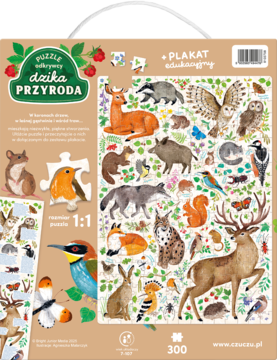 Edukacyjne puzzle "Dzika Przyroda" 300 elem. z plakatem. Beżowe pudełko, widok przód, kolorowe zwierzęta.