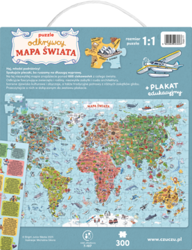Tył opakowania puzzli edukacyjnych Mapa Świata, 300 elementów, z detalami ilustrowanej mapy świata.