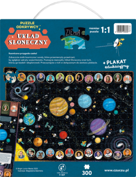 Tył opakowania z edukacyjnymi puzzlami Układ Słoneczny 300 elementów, ilustracja kosmosu i naukowców.