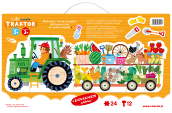 Puzzle podłogowe Mario Traktor 2+ w pudełku, zielony traktor z wagonem, zwierzęta, płody rolne na pomarańczowym tle.