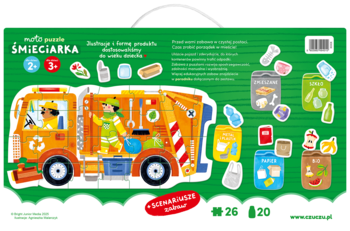 Edukacyjne puzzle podłogowe Śmieciarka, segregacja śmieci, na zielonym opakowaniu, widok z przodu.