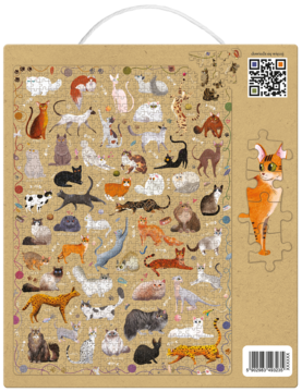 Tył kartonowego pudełka puzzli 1000 elementów z barwną ilustracją wielu ras kotów, w tym puzzlowy fragment. Widoczny kod QR.