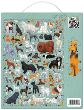 Zielone pudełko Puzzlove, puzzle 1000 elem. z rasami psów, widok z tyłu z QR code i wyrwanym puzzlem.